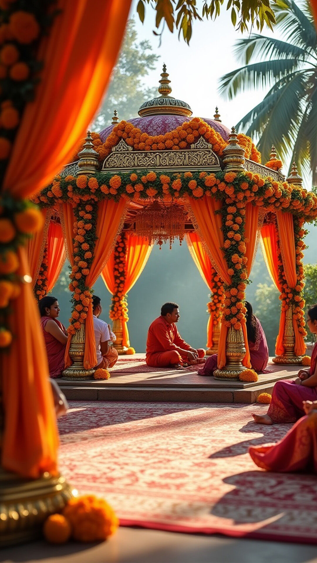 Traditional cultural mandap decorated with vibrant yellow flowers.